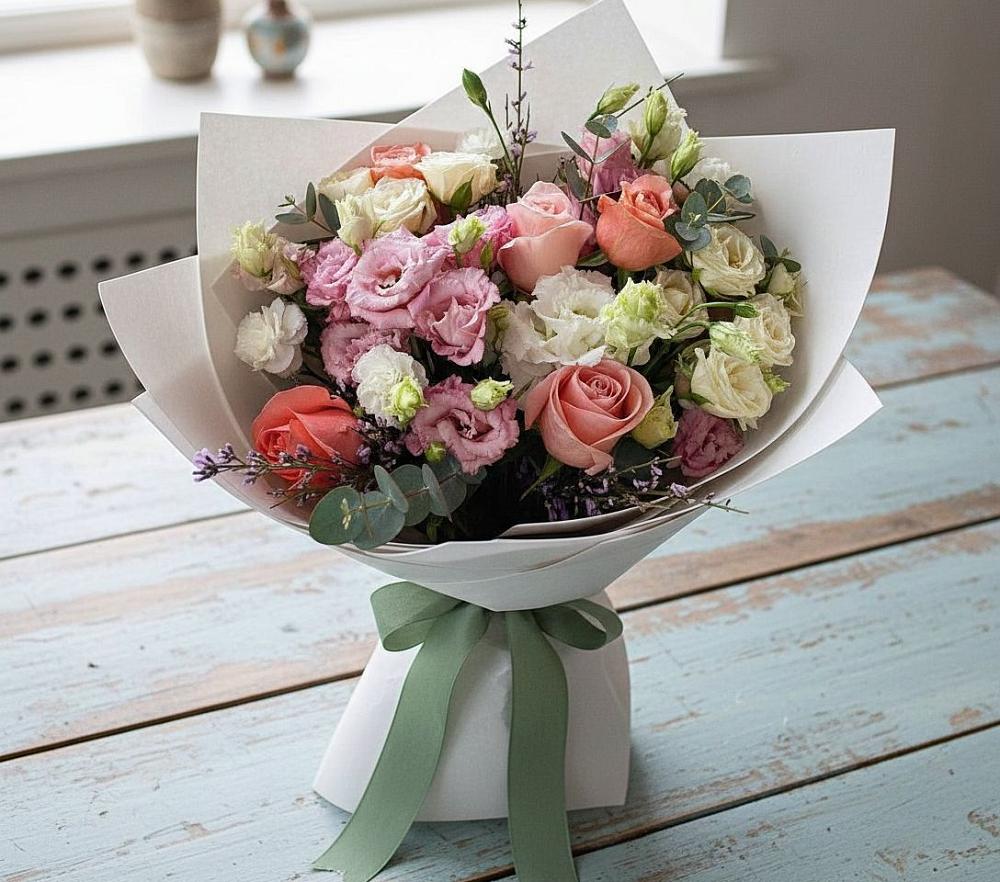 Букет цветов из: Розы, Лизиантусы и Гвоздики в Никольском 1-ом