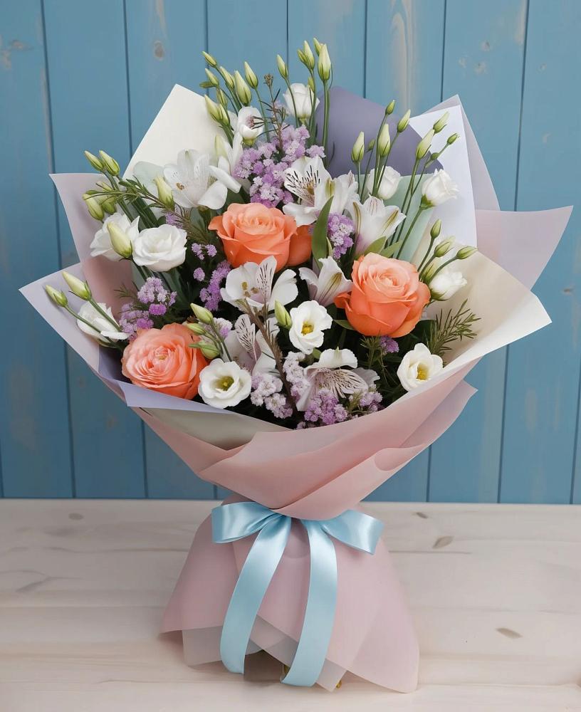 Букет цветов из: Лизиантусы, Розы, Альстромерии и Гипсофила в Никольском 1-ом