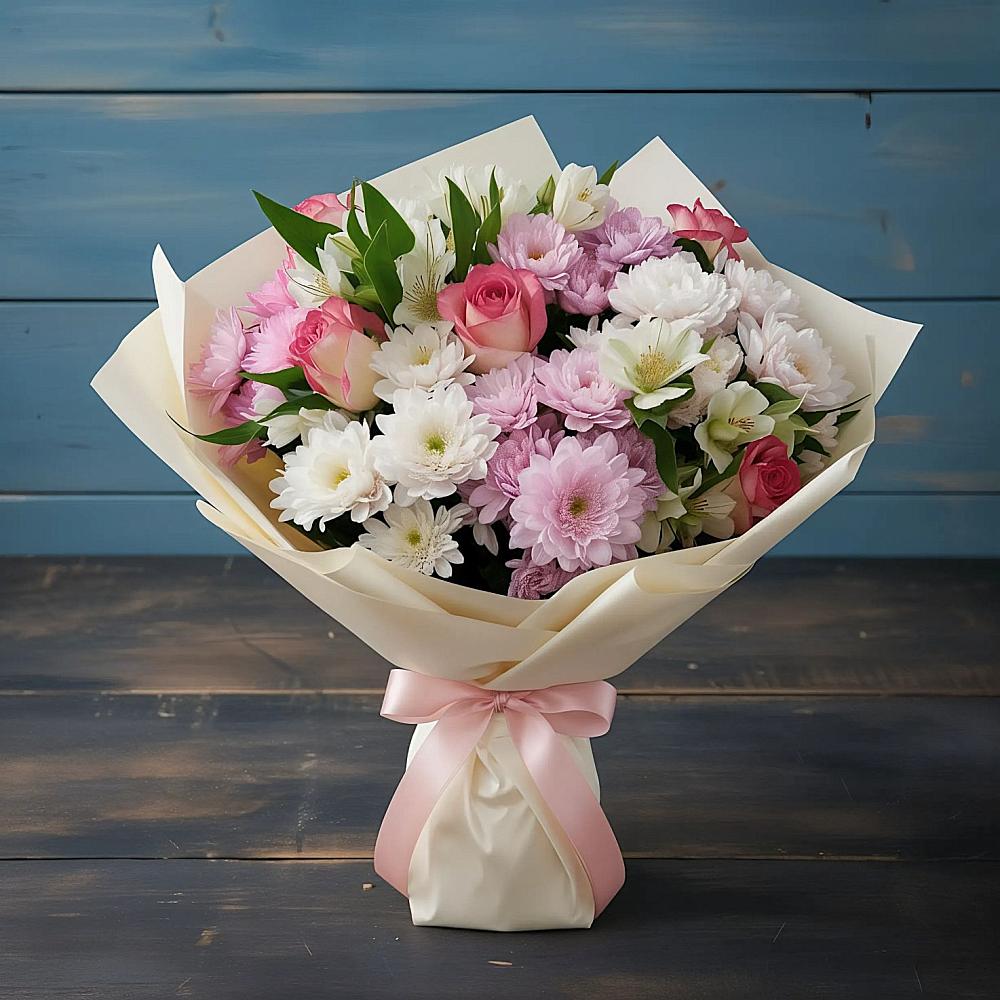 Букет цветов из: Хризантемы, Альстромерии и Розы в Никольском 1-ом